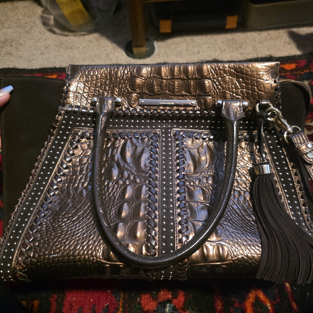 Brahmin Bronze Croc-Embossed Satchel with Tassel